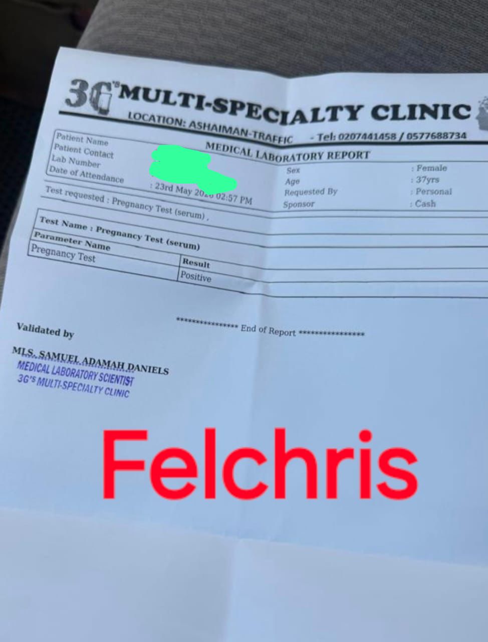 Positive pregnancy test result — Felchris patient